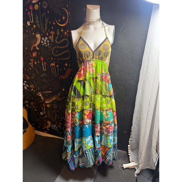 Dresses & Skirts - Boho Patchwork Floral Tiered Maxi Dress Halter Neck Multi-Color Summer Festival